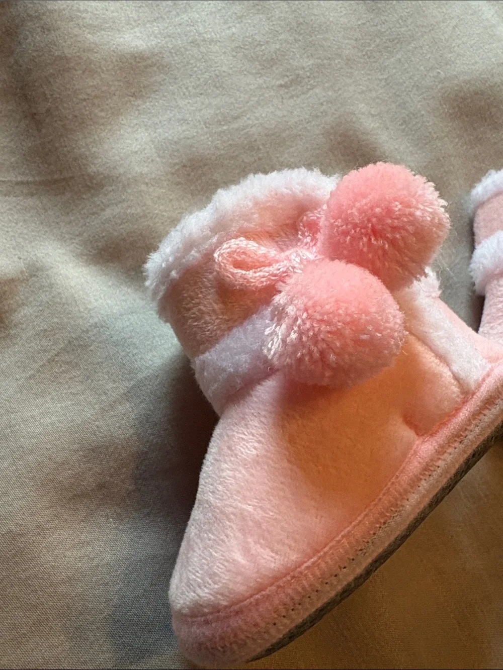 Baby Pink Fuzzy Pom Pom Booties - Infant Walker Shoes - Size 2.5